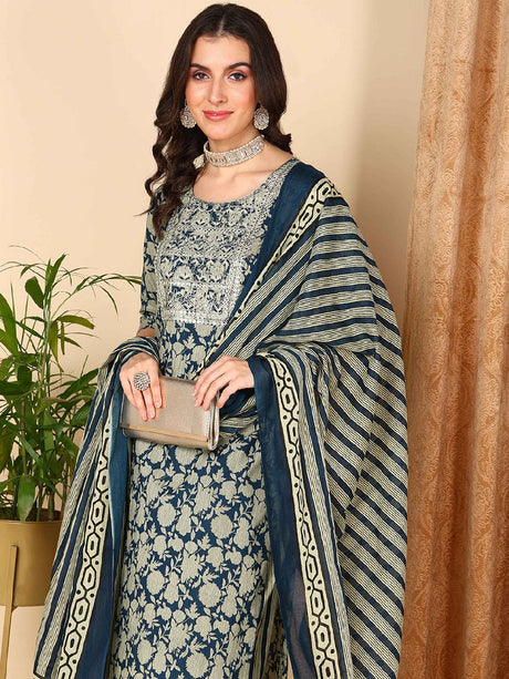 Navy Blue Rayon Blend Floral Embroidered Straight Kurta Trousers With Dupatta