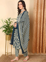 Navy Blue Rayon Blend Floral Embroidered Straight Kurta Trousers With Dupatta