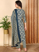 Navy Blue Rayon Blend Floral Embroidered Straight Kurta Trousers With Dupatta