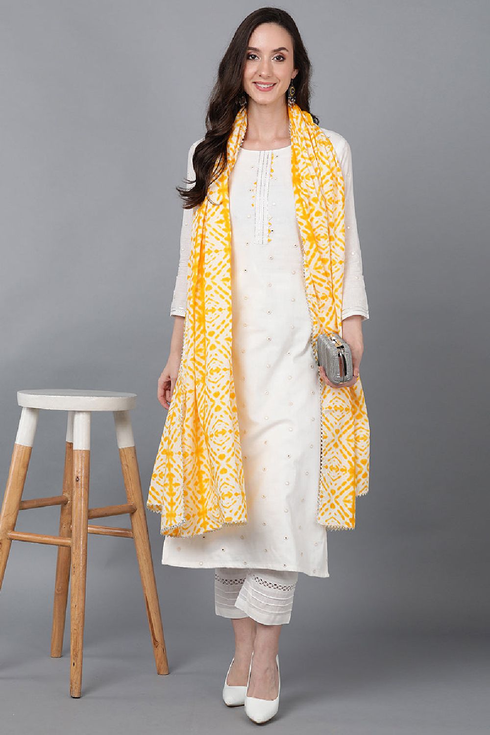 Yellow Rayon Blend Solid Embroidered Straight Suit Set