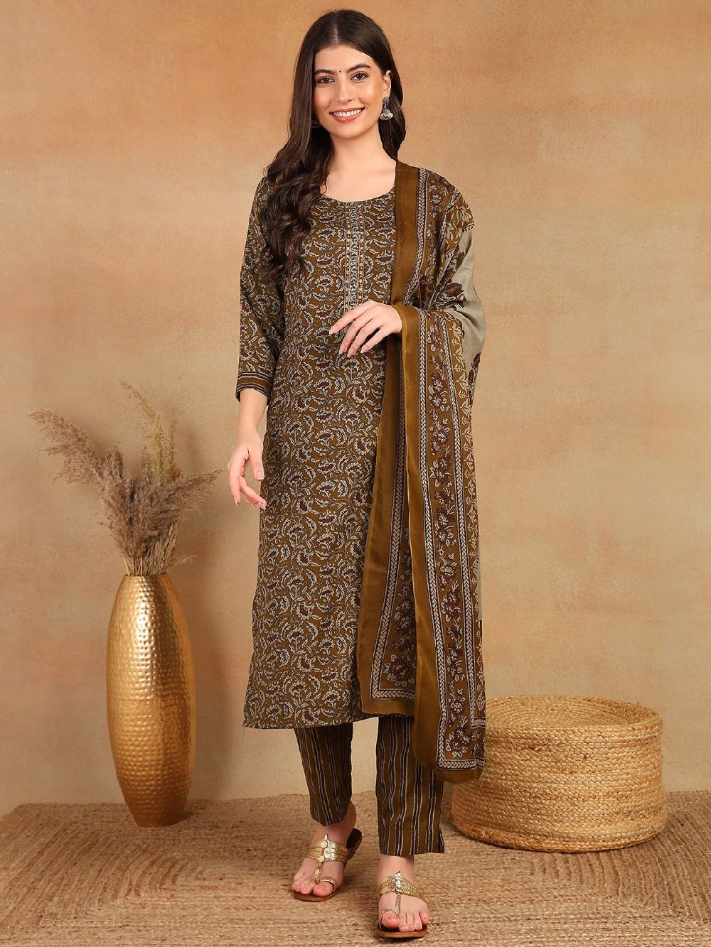 Brown Cotton Blend Ethnic Motifs Printed Straight Kurta Trouser With Dupatta