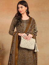 Brown Cotton Blend Ethnic Motifs Printed Straight Kurta Trouser With Dupatta