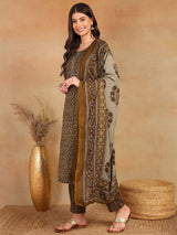 Brown Cotton Blend Ethnic Motifs Printed Straight Kurta Trouser With Dupatta