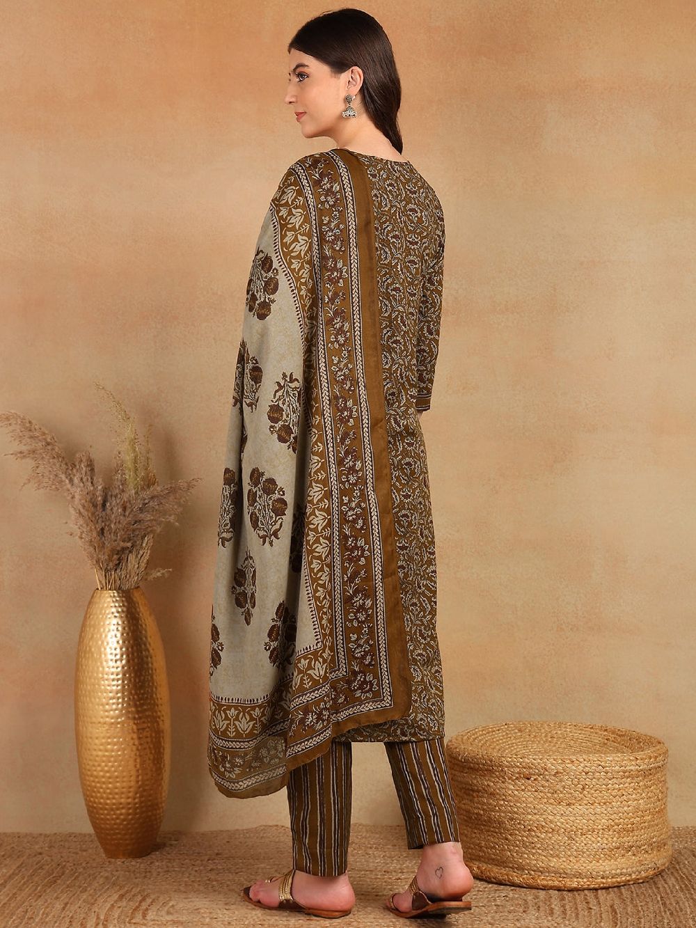 Brown Cotton Blend Ethnic Motifs Printed Straight Kurta Trouser With Dupatta