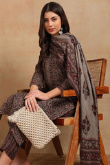 Grey Rayon Blend Ethnic Motifs Printed Straight Trouser Suit Set