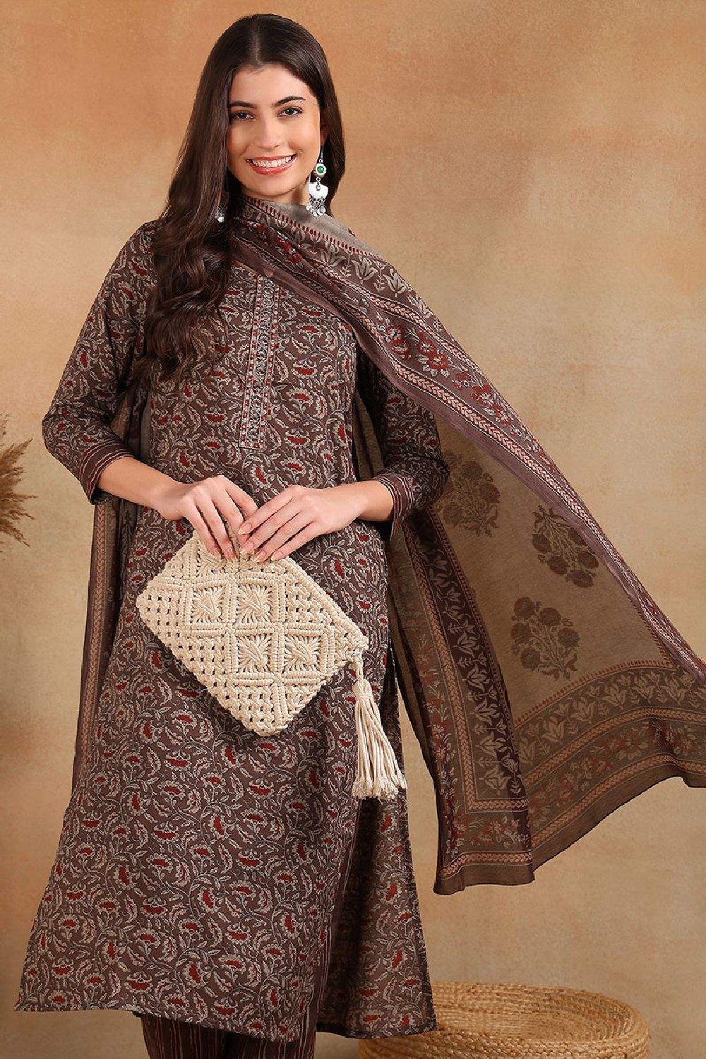 Grey Rayon Blend Ethnic Motifs Printed Straight Trouser Suit Set