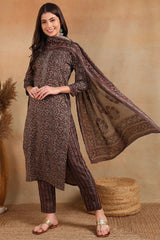 Grey Rayon Blend Ethnic Motifs Printed Straight Trouser Suit Set