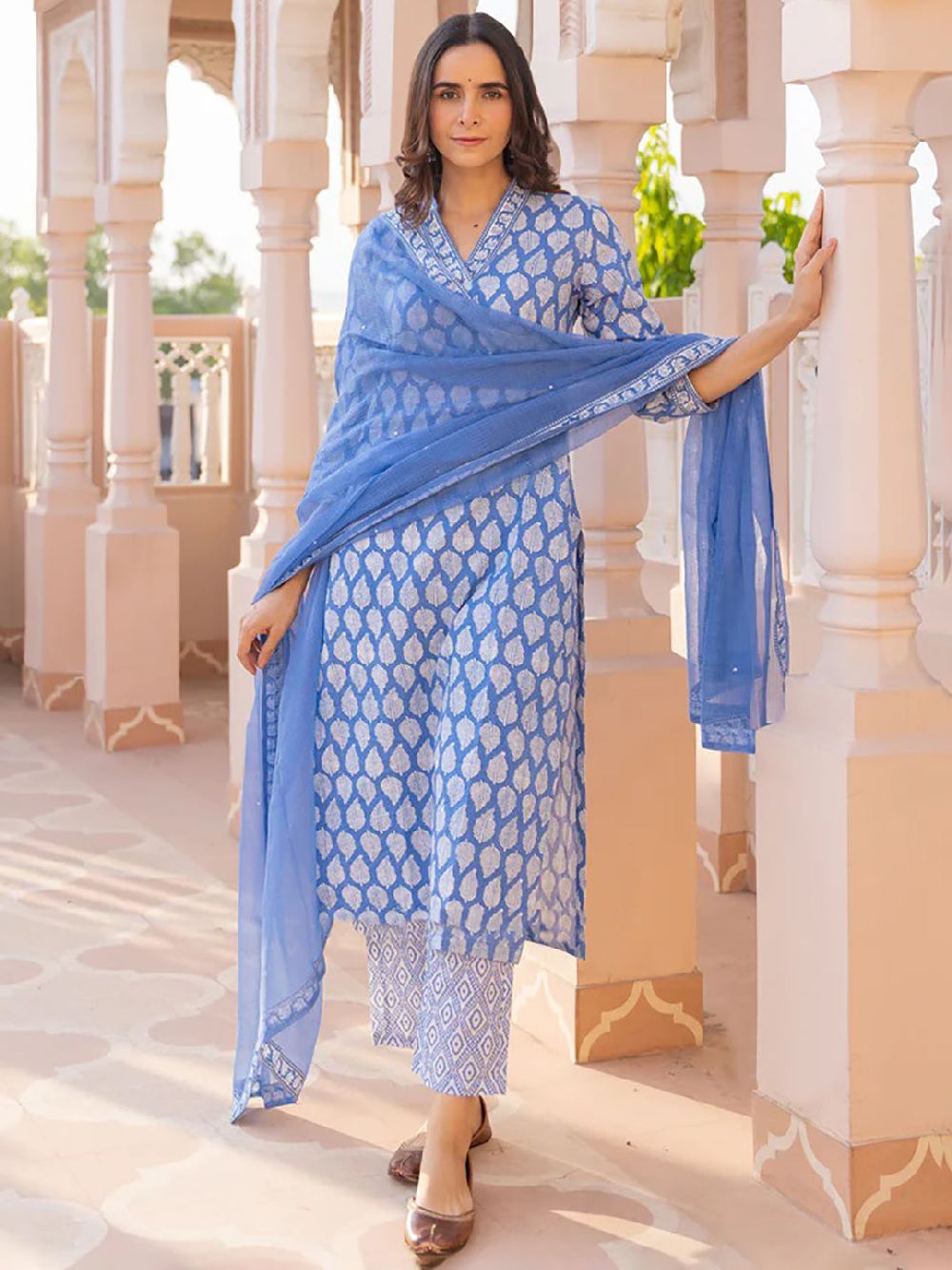 Blue Viscose Rayon Paisley Printed Straight Kurta Trouser With Dupatta