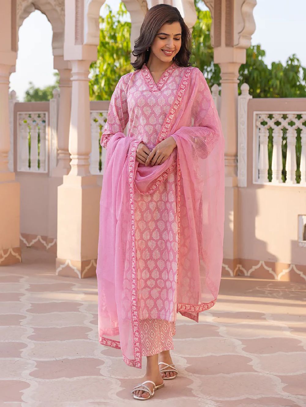 Pink Viscose Rayon Paisley Printed Straight Kurta Trouser With Dupatta