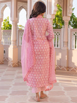 Pink Viscose Rayon Paisley Printed Straight Kurta Trouser With Dupatta