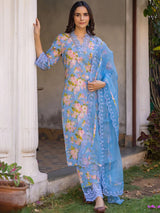 Blue Viscose Rayon Floral Embroidered Straight Kurta Trouser With Dupatta