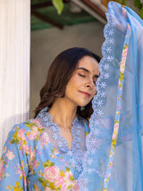 Blue Viscose Rayon Floral Embroidered Straight Kurta Trouser With Dupatta