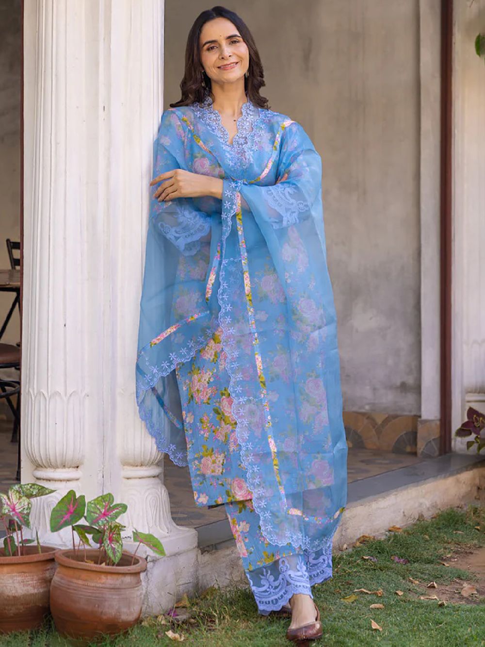 Blue Viscose Rayon Floral Embroidered Straight Kurta Trouser With Dupatta