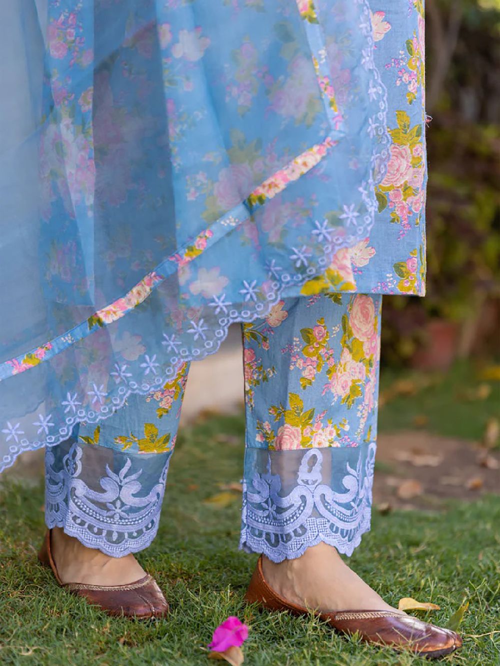 Blue Viscose Rayon Floral Embroidered Straight Kurta Trouser With Dupatta