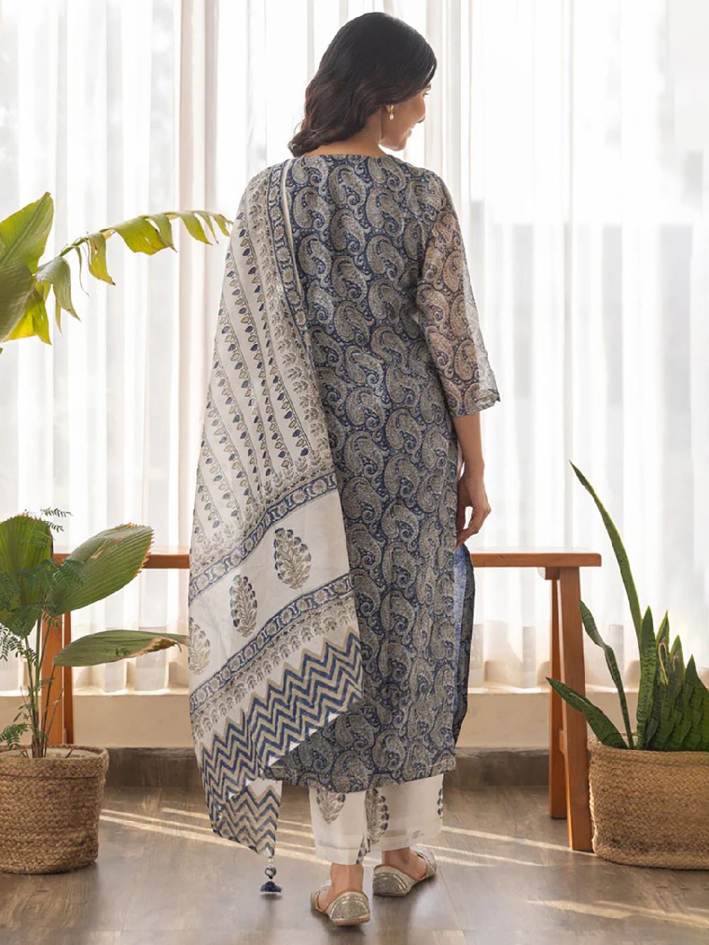 Navy Blue Viscose Rayon Paisley Printed Straight Kurta Palazzo With Dupatta