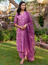 Purple Viscose Rayon Floral Printed Straight Kurta Salwar With Dupatta