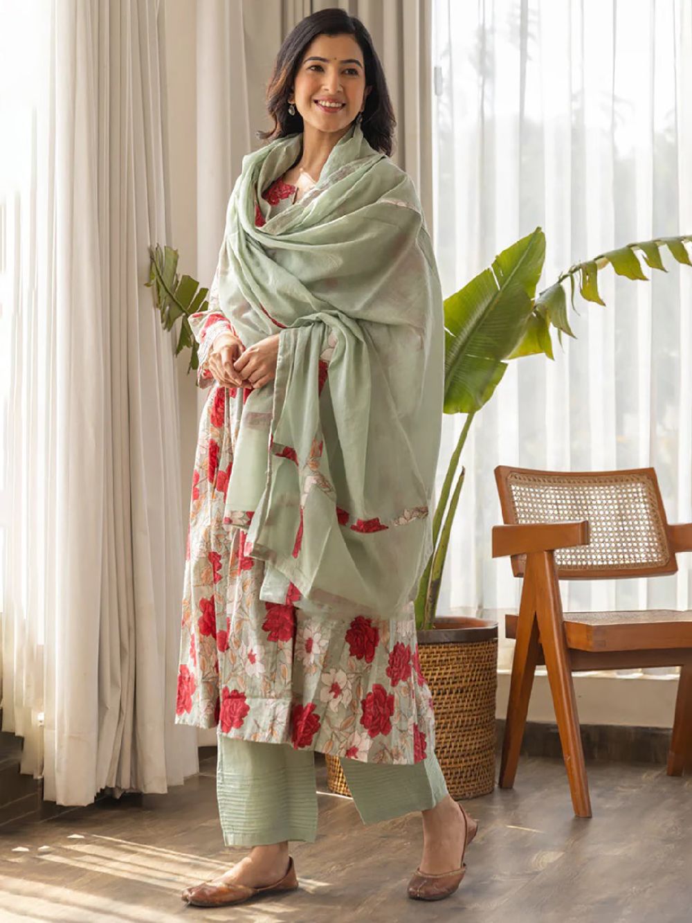 Sea Green Viscose Rayon Floral Printed A-Line Kurta Palazzo With Dupatta