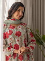 Sea Green Viscose Rayon Floral Printed A-Line Kurta Palazzo With Dupatta