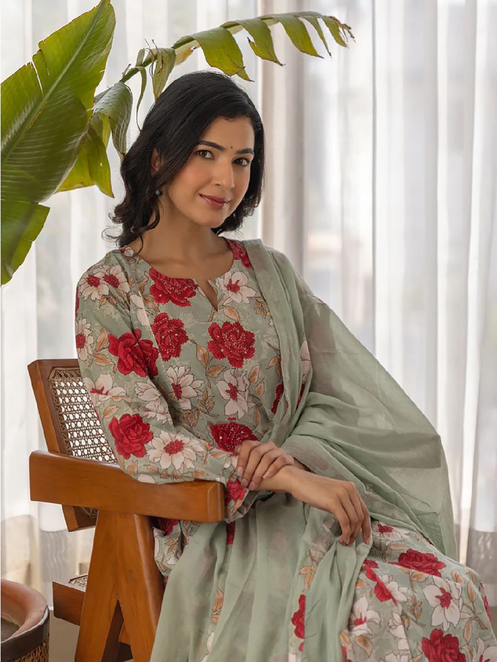 Sea Green Viscose Rayon Floral Printed A-Line Kurta Palazzo With Dupatta