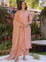 Pink Viscose Rayon Floral Printed Straight Kurta Palazzo With Dupatta