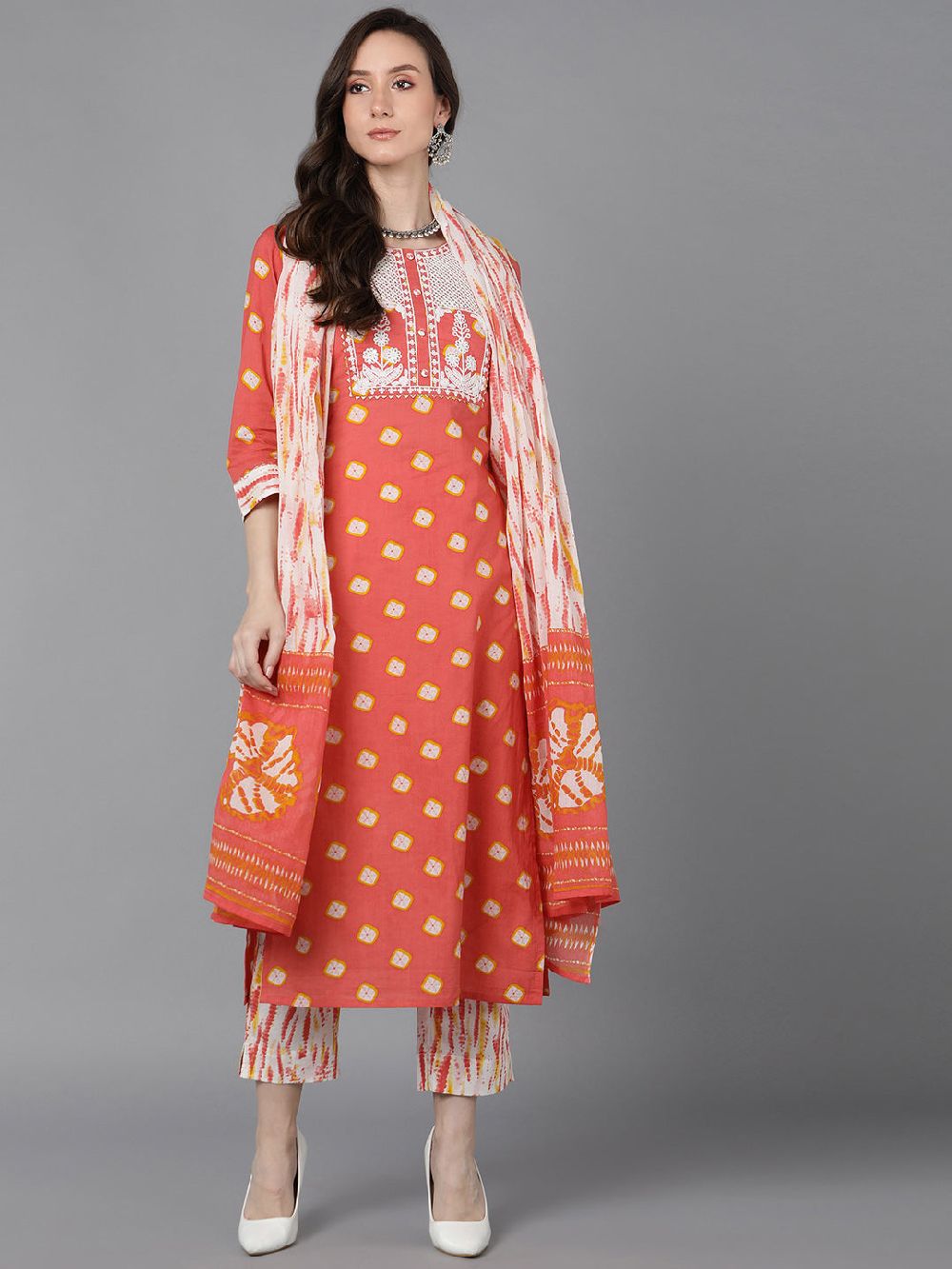 Orange Rayon Blend Bandhani Embroidered Straight Kurta Trousers With Dupatta