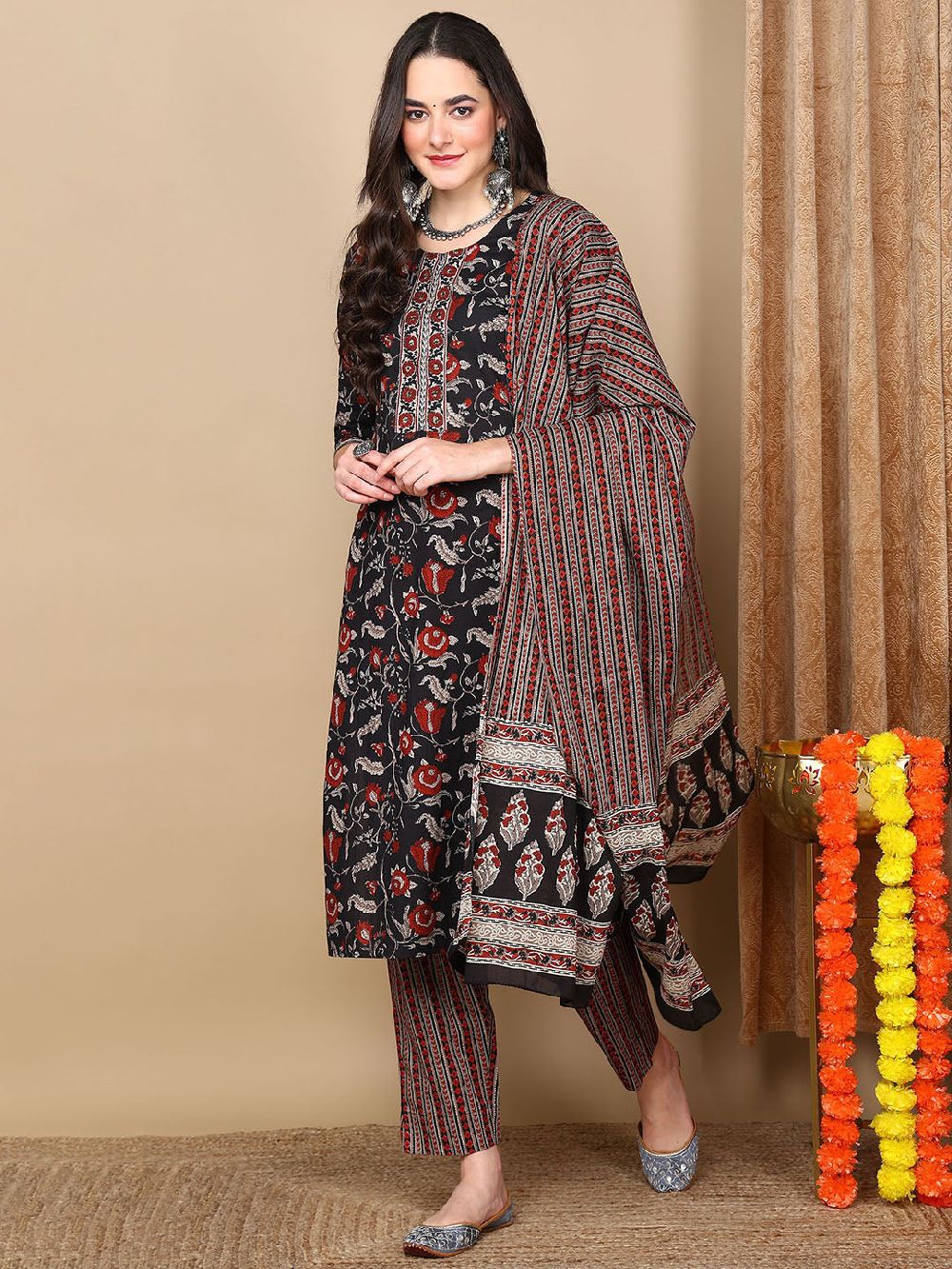 Black Rayon Blend Floral Printed Straight Kurta Trousers With Dupatta