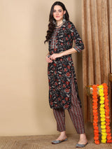 Black Rayon Blend Floral Printed Straight Kurta Trousers With Dupatta