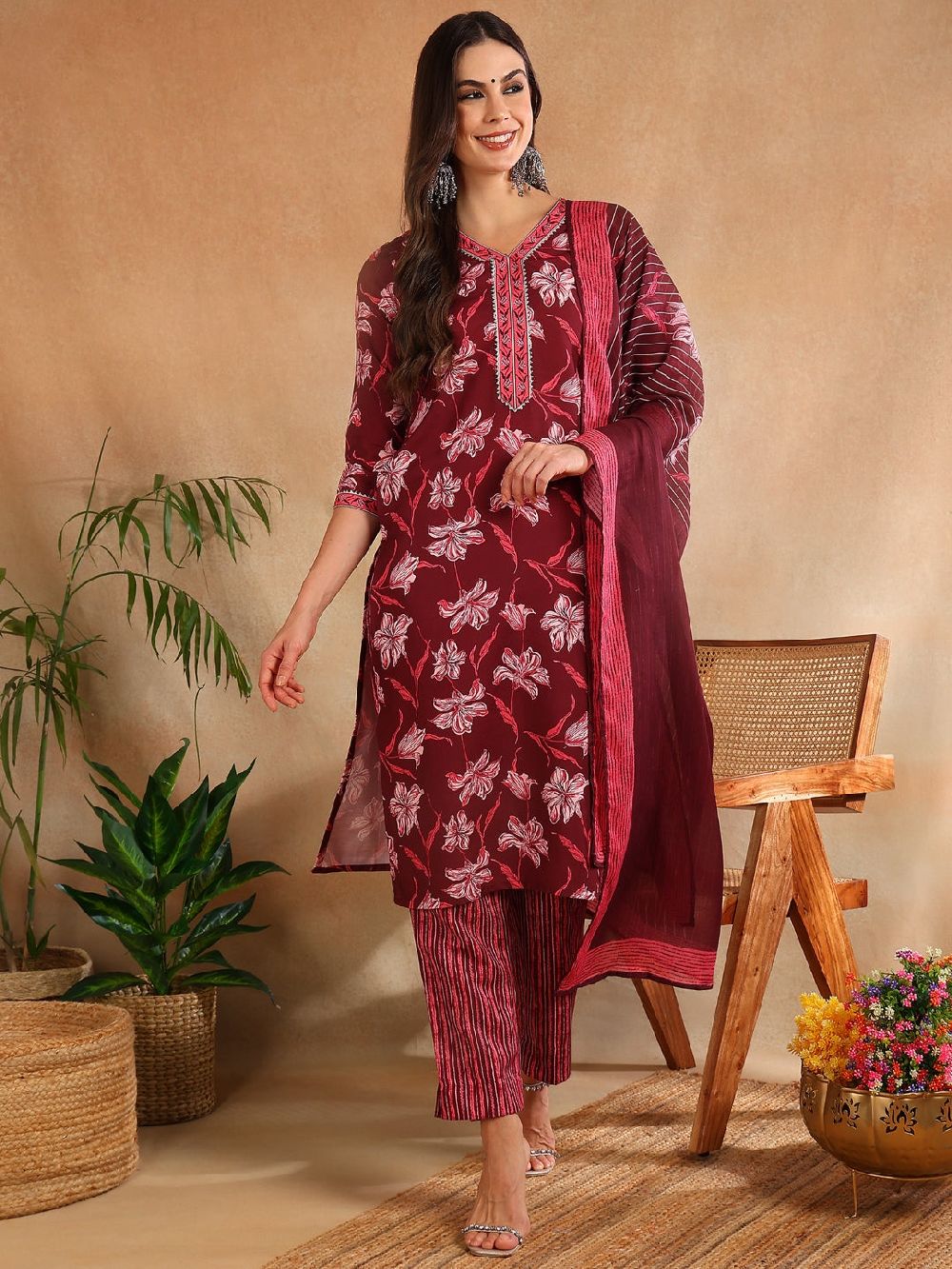 Maroon Rayon Blend Floral Printed Straight Kurta Trouser With Dupatta