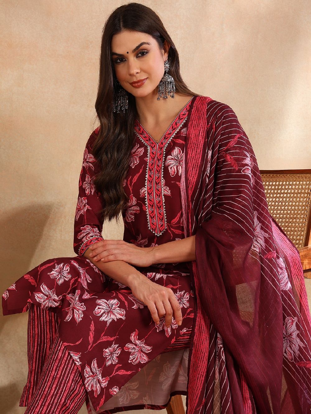 Maroon Rayon Blend Floral Printed Straight Kurta Trouser With Dupatta