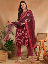 Maroon Rayon Blend Floral Printed Straight Kurta Trouser With Dupatta