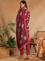 Maroon Rayon Blend Floral Printed Straight Kurta Trouser With Dupatta