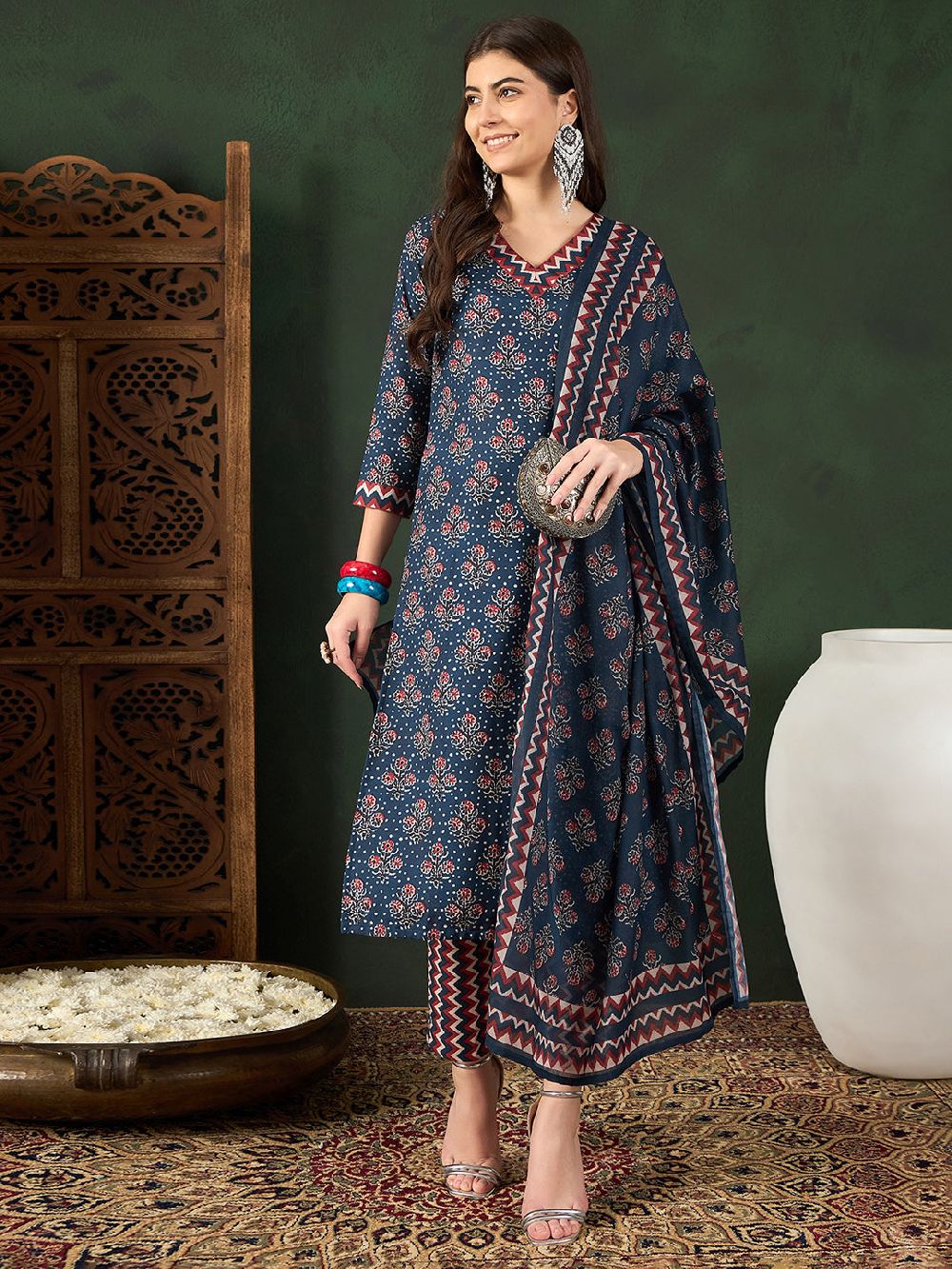 Navy Blue Rayon Blend Floral Printed Straight Kurta Trouser With Dupatta