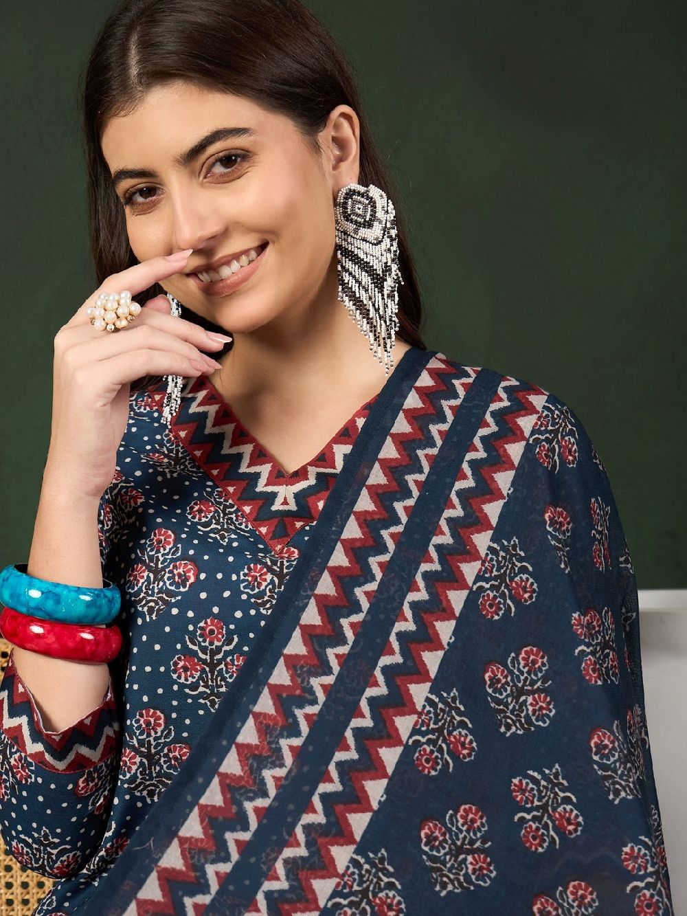 Navy Blue Rayon Blend Floral Printed Straight Kurta Trouser With Dupatta