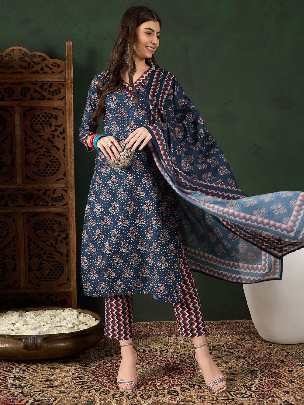 Navy Blue Rayon Blend Floral Printed Straight Kurti Pant With Dupatta