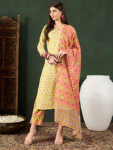 Yellow Rayon Blend Floral Printed Straight Kurti Pant With Dupatta