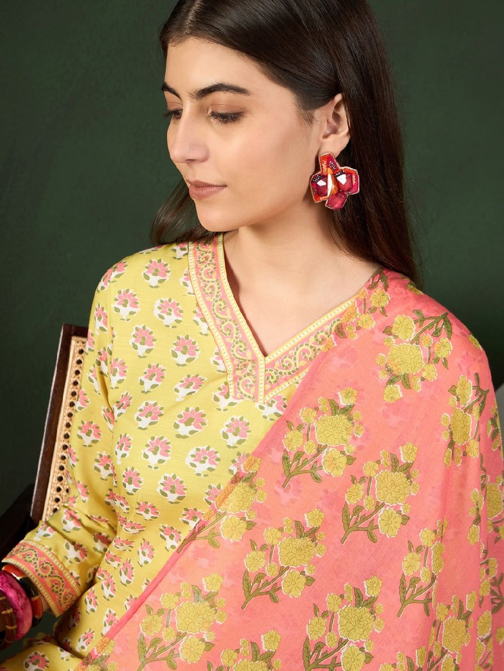 Yellow Rayon Blend Floral Printed Straight Kurta Trouser With Dupatta