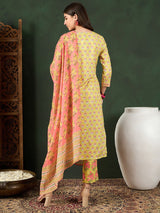 Yellow Rayon Blend Floral Printed Straight Kurta Trouser With Dupatta