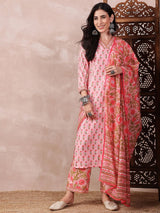 Pink Rayon Blend Floral Printed Straight Kurti Pant With Dupatta