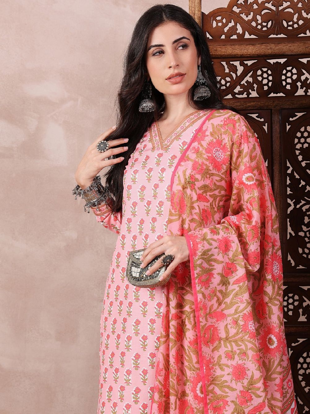 Pink Rayon Blend Floral Printed Straight Kurta Trouser With Dupatta