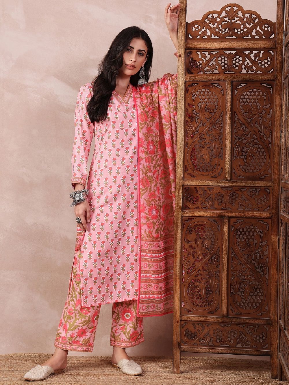 Pink Rayon Blend Floral Printed Straight Kurta Trouser With Dupatta