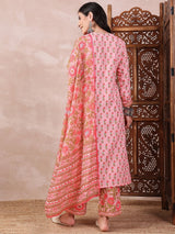 Pink Rayon Blend Floral Printed Straight Kurta Trouser With Dupatta