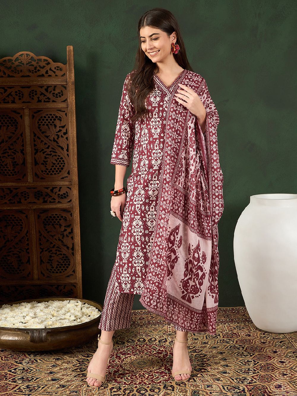 Maroon Rayon Blend Ethnic Motifs Printed Straight Kurti Pant With Dupatta