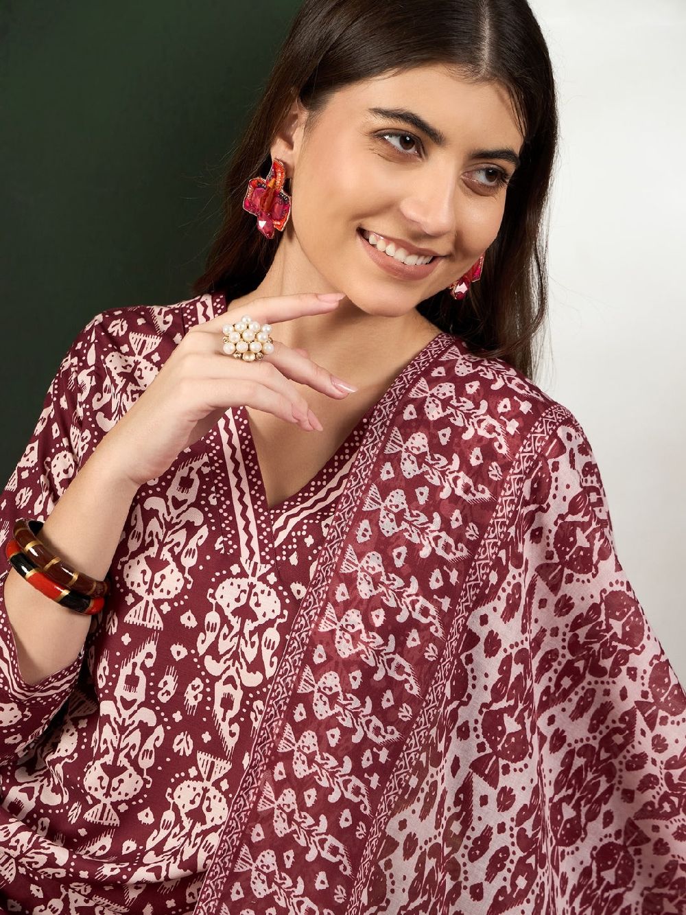 Maroon Rayon Blend Ethnic Motifs Printed Straight Kurta Trouser With Dupatta