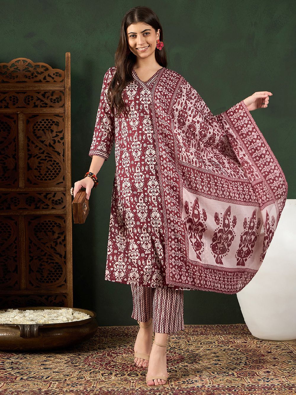 Maroon Rayon Blend Ethnic Motifs Printed Straight Kurta Trouser With Dupatta