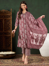 Maroon Rayon Blend Ethnic Motifs Printed Straight Kurti Pant With Dupatta