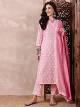 Pink Rayon Blend Floral Printed Straight Kurta Trouser With Dupatta