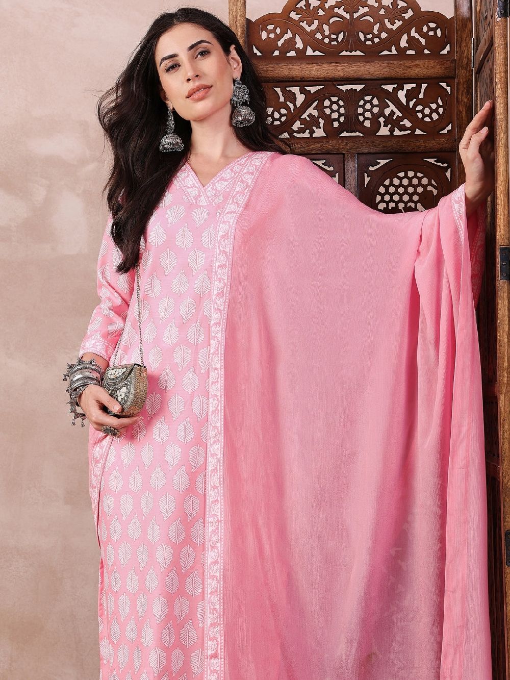 Pink Rayon Blend Floral Printed Straight Kurta Trouser With Dupatta