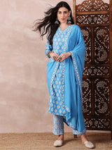 Blue Rayon Blend Floral Printed Straight Kurta Trouser With Dupatta