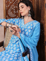 Blue Rayon Blend Floral Printed Straight Kurta Trouser With Dupatta