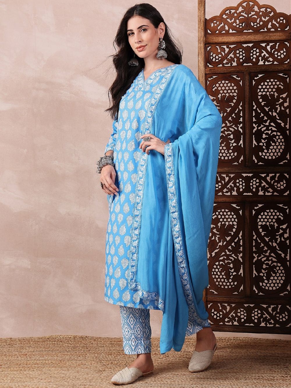 Blue Rayon Blend Floral Printed Straight Kurta Trouser With Dupatta